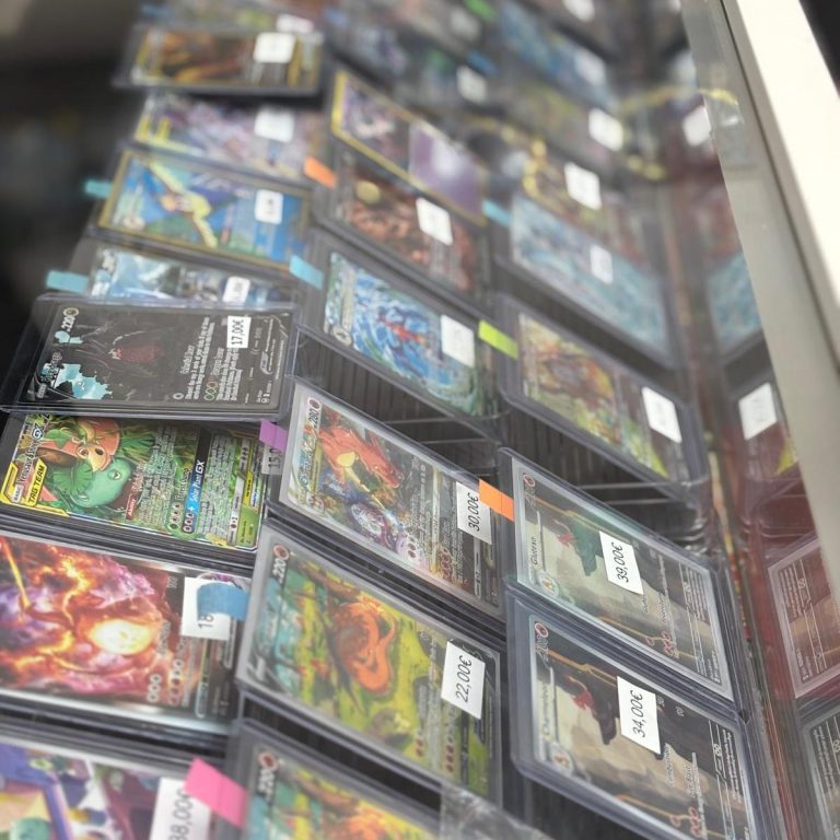 Einzelkartenverkauf Eine Sammlung von Pokemon Sammelkarten in durchsichtigen Hüllen, geordnet und bunt.